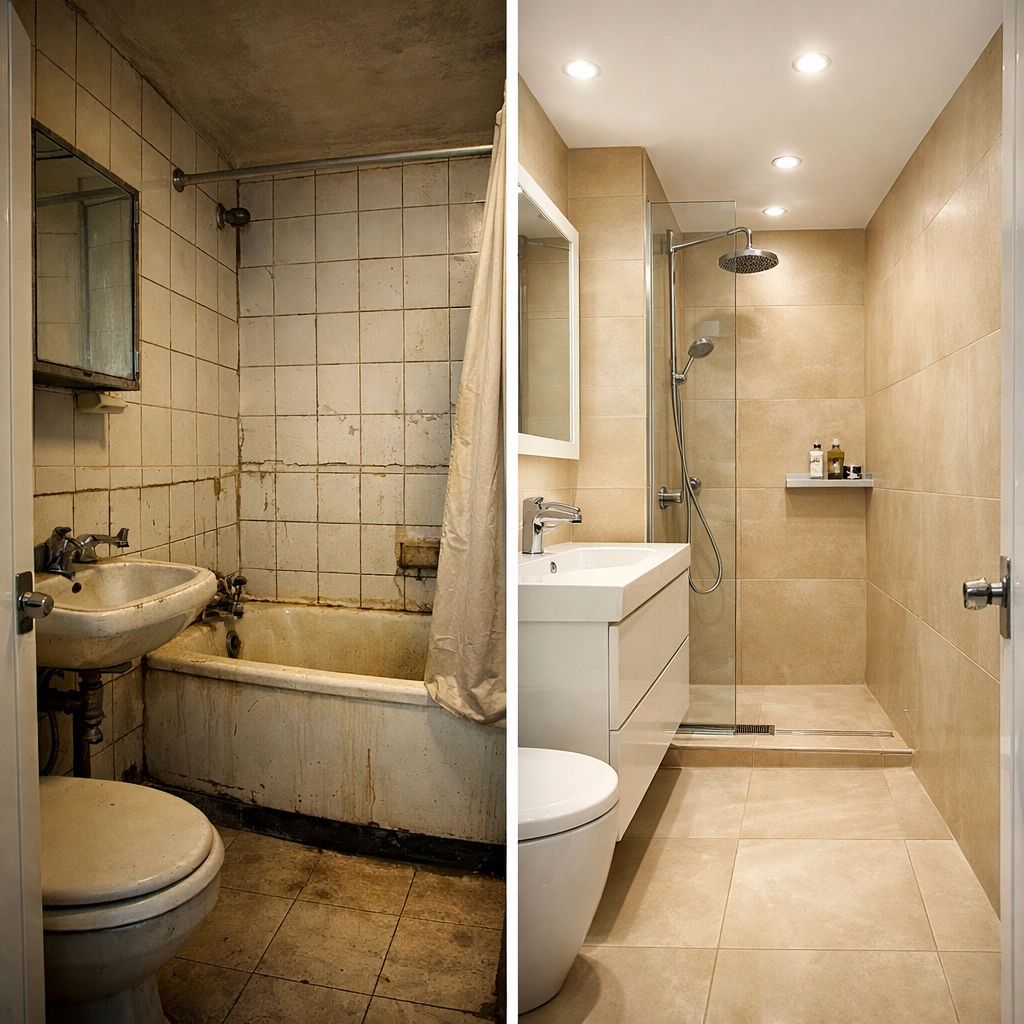 Before and after London bathroom renovation with large format porcelain tile installation Before and after London bathroom renovation with large format porcelain tile installation