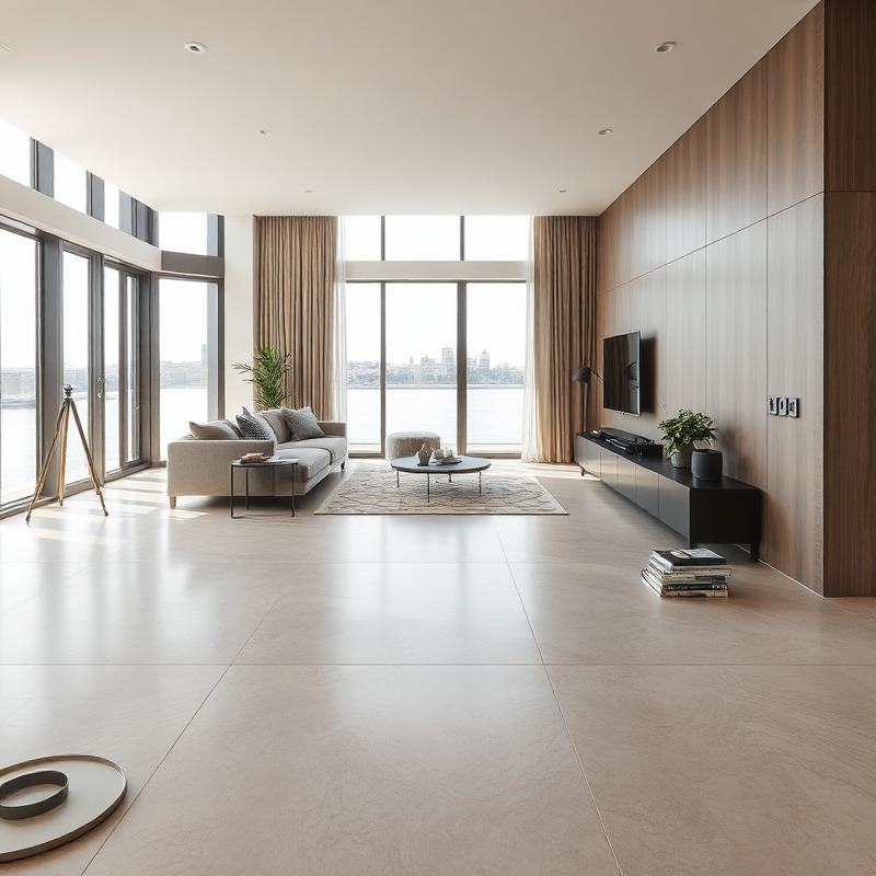 Large-format porcelain floor tiling in Battersea riverside apartment Large-format porcelain floor tiling in Battersea riverside apartment