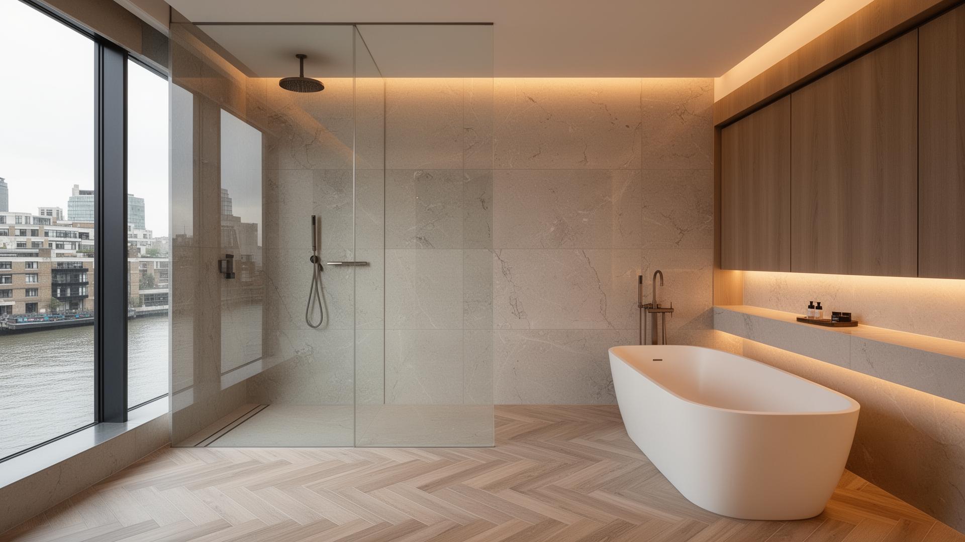 Premium tiling in luxury Battersea SW11 riverside bathroom Premium tiling in luxury Battersea SW11 riverside bathroom