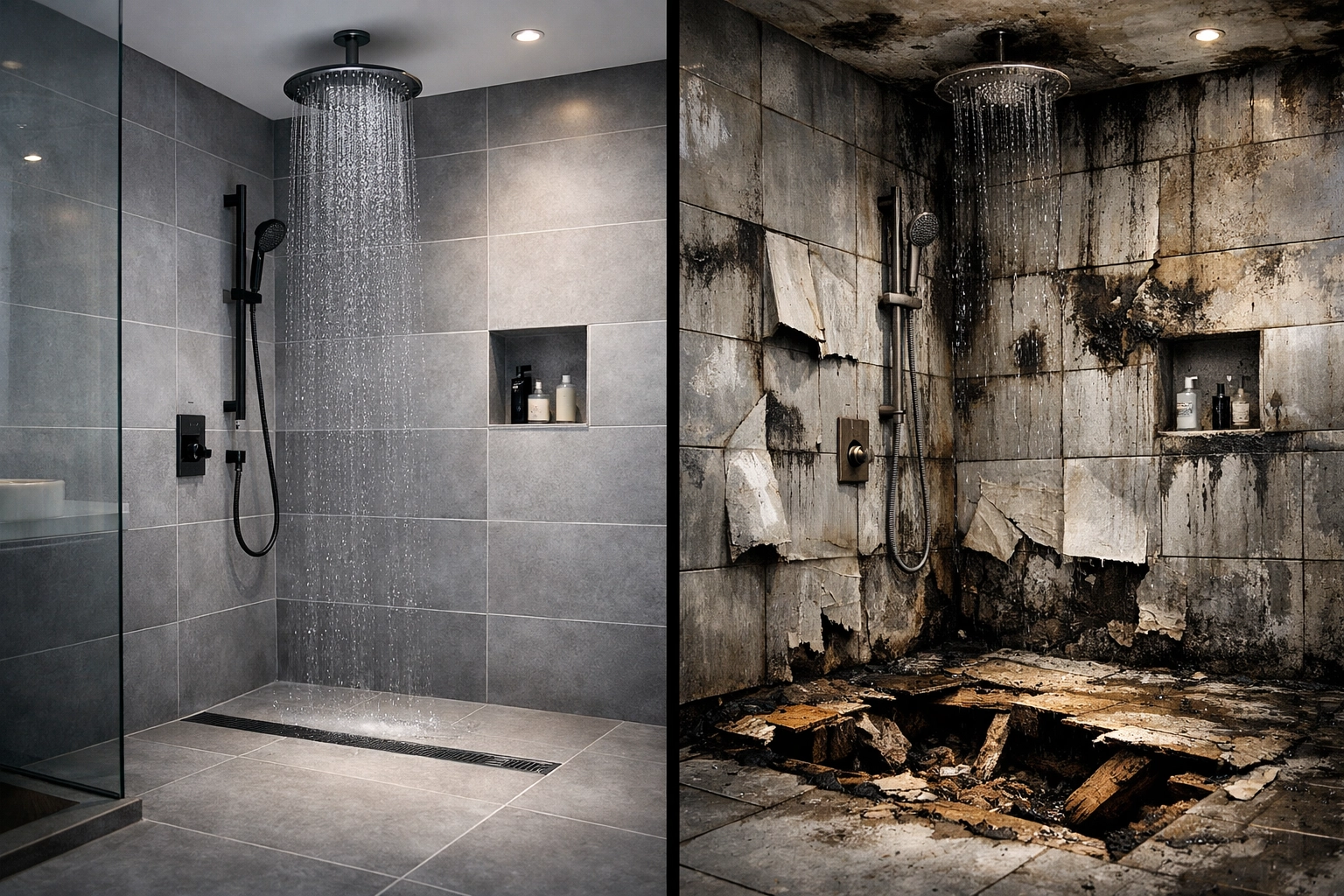Before and after comparison: pristine bathroom versus severe water damage from failed waterproofing Before and after comparison: pristine bathroom versus severe water damage from failed waterproofing