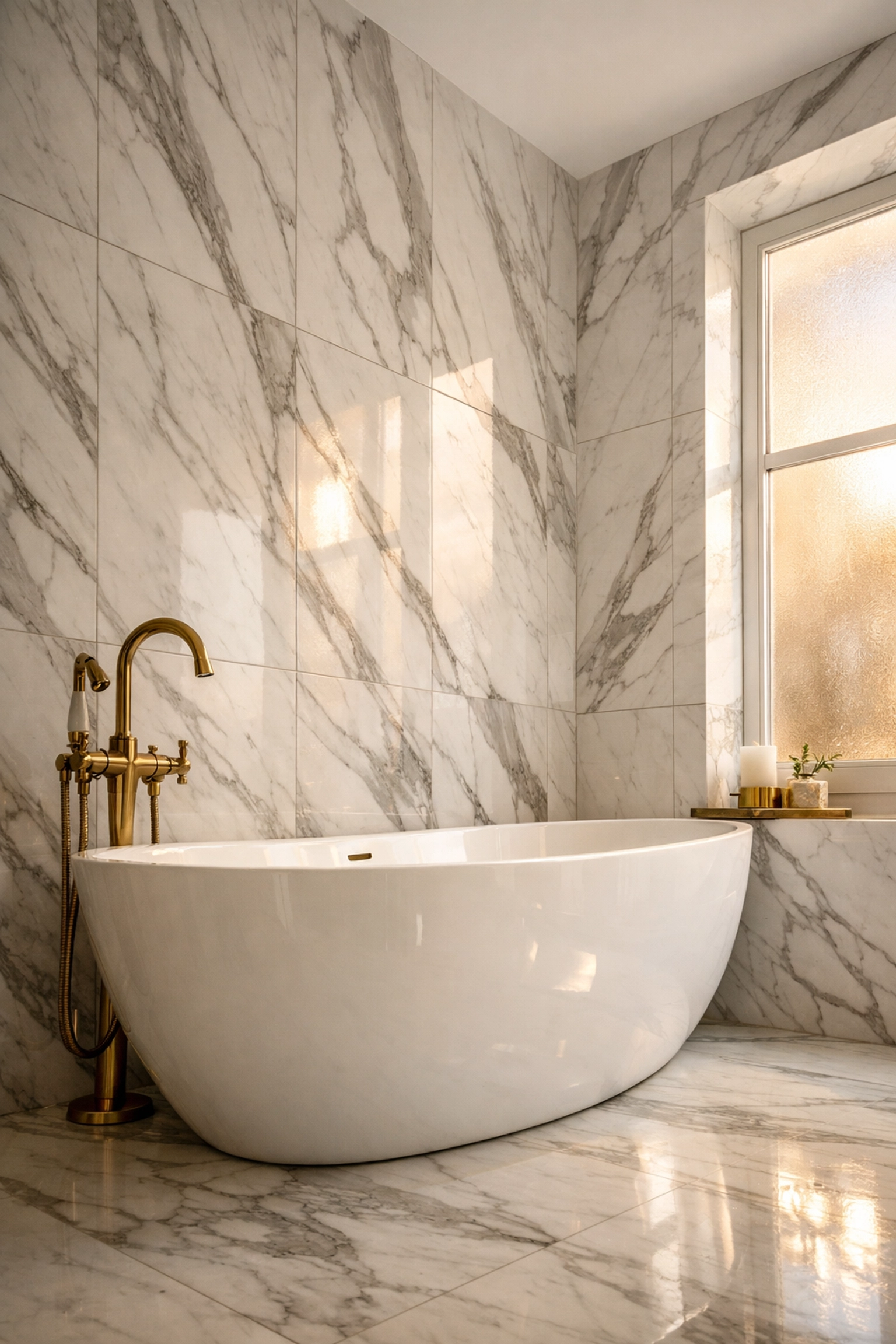 Luxury Chelsea bathroom with floor-to-ceiling Calacatta marble tiles Luxury Chelsea bathroom with floor-to-ceiling Calacatta marble tiles