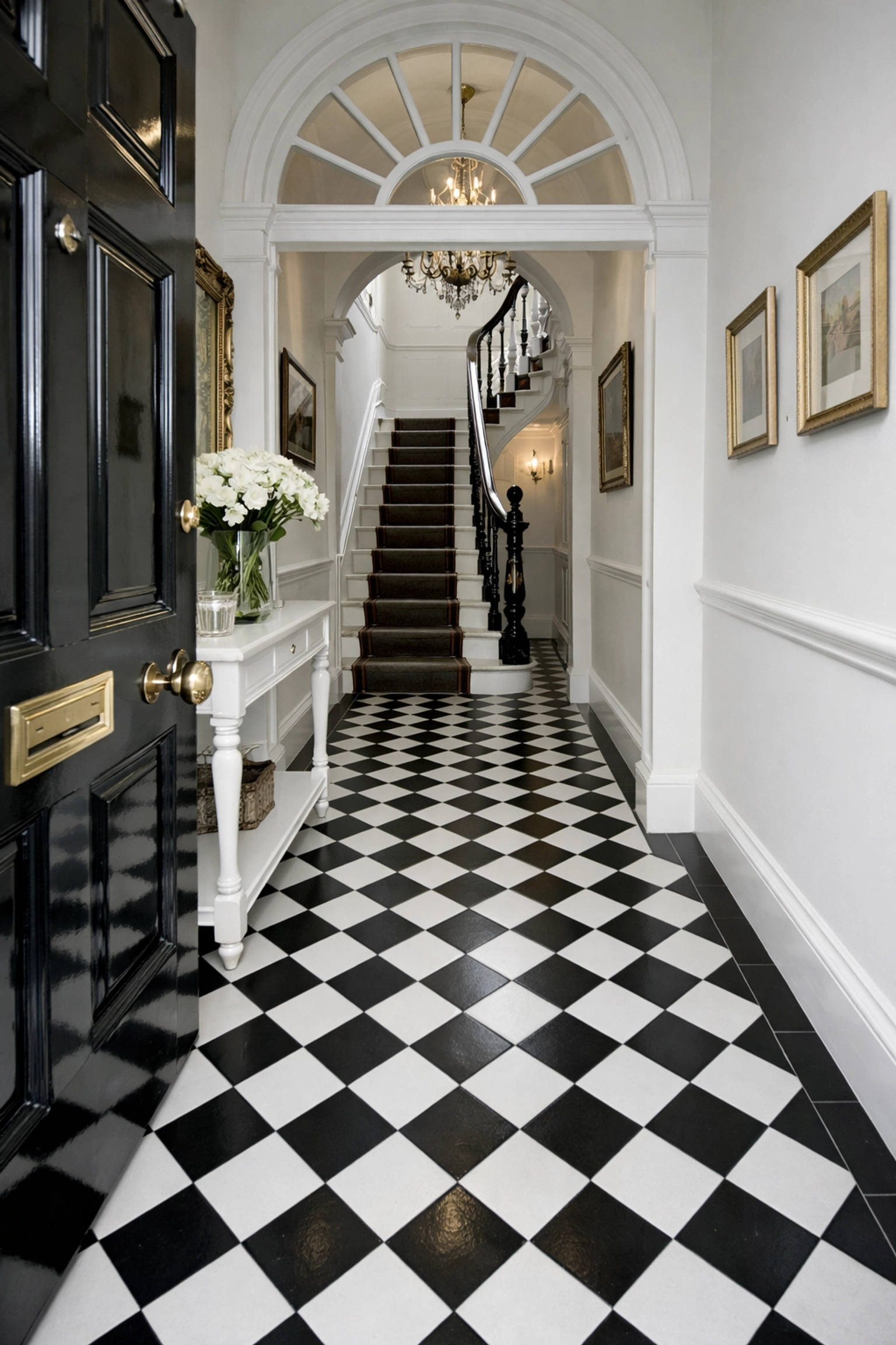 Victorian black and white checkerboard tiles in elegant Chelsea townhouse entrance hall Victorian black and white checkerboard tiles in elegant Chelsea townhouse entrance hall