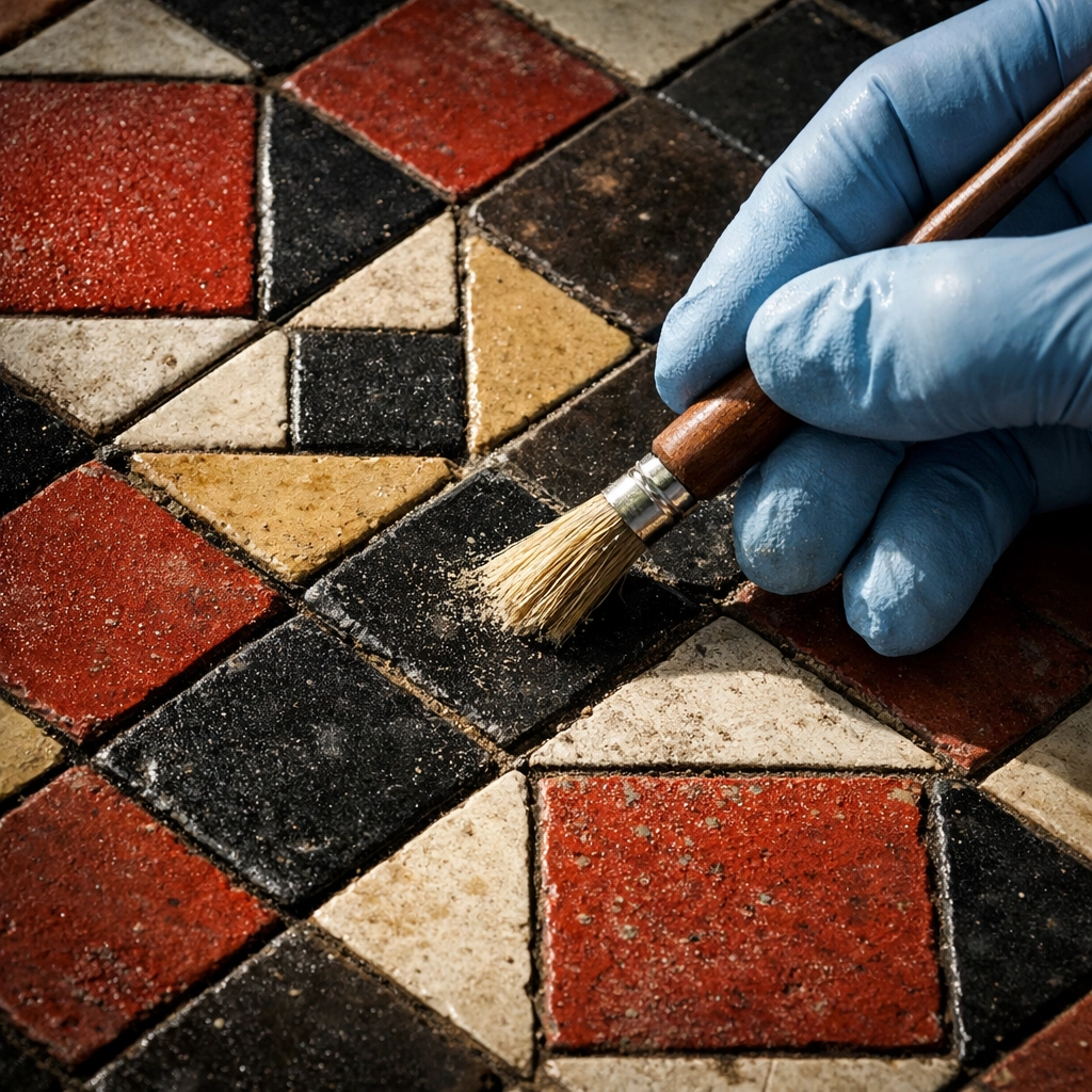 Victorian geometric floor tiles being professionally restored in Chelsea home Victorian geometric floor tiles being professionally restored in Chelsea home