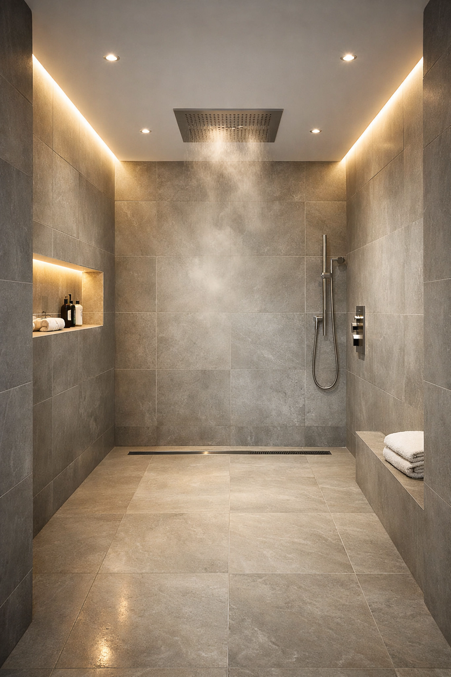 Modern Chelsea wet room with large-format grey porcelain tiles and walk-in shower Modern Chelsea wet room with large-format grey porcelain tiles and walk-in shower