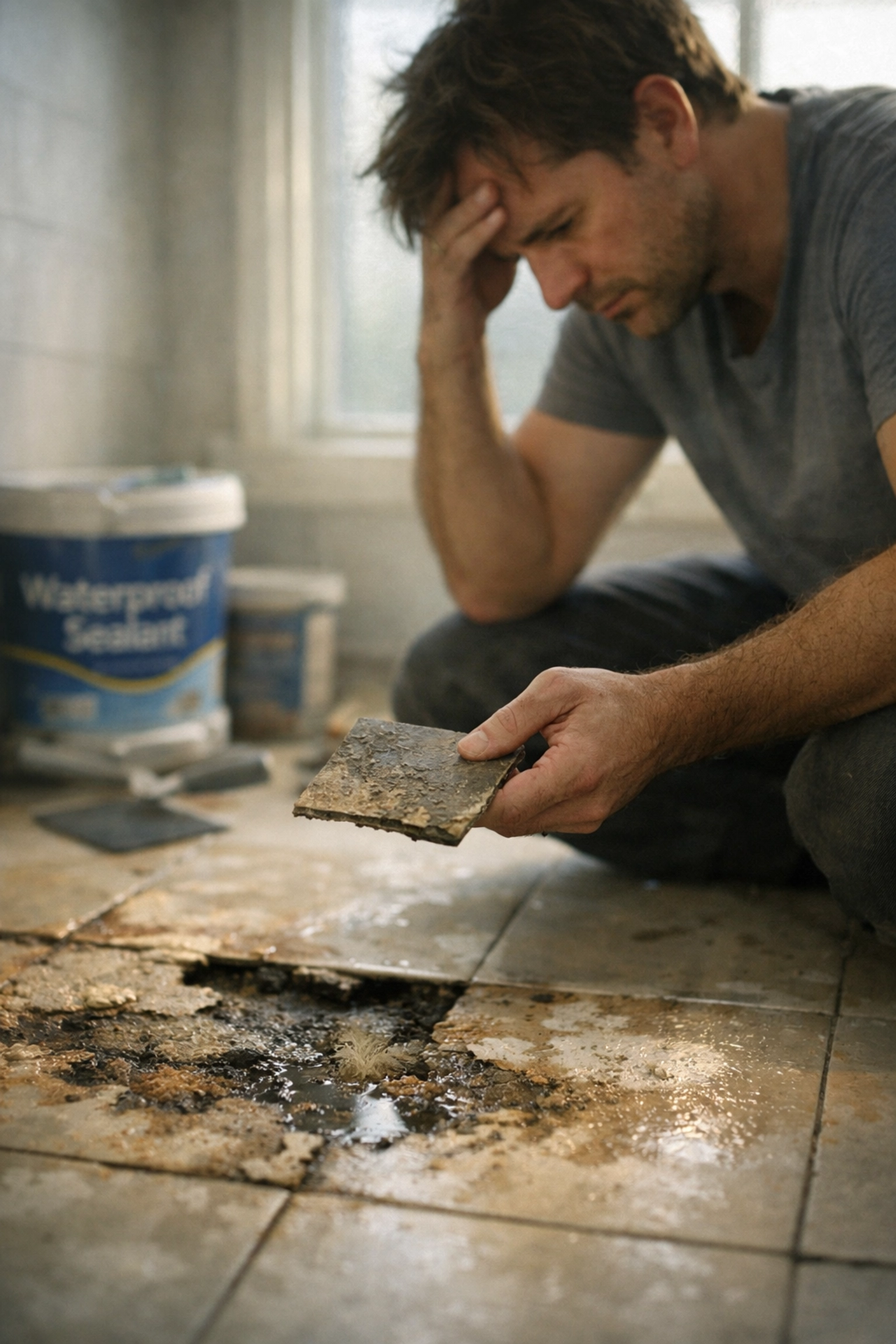 Homeowner examining loose bathroom tile revealing water damage from DIY waterproofing failure Homeowner examining loose bathroom tile revealing water damage from DIY waterproofing failure