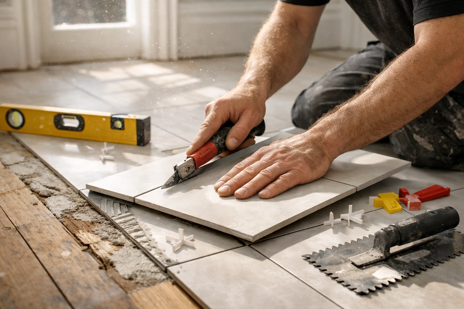 Professional tiler installing large-format tiles in a Kensington period home
