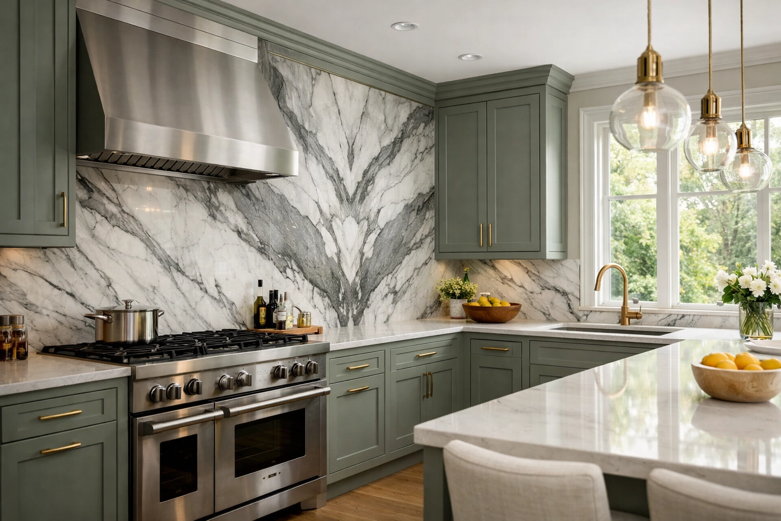 Contemporary Kensington kitchen featuring porcelain splashback with marble effect
