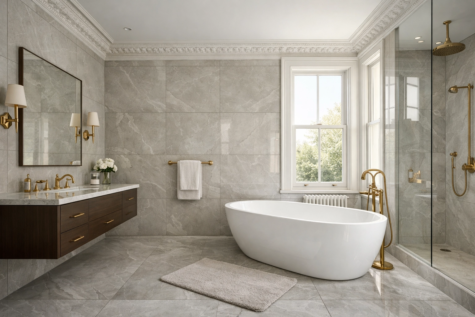 Luxury bathroom with large-format porcelain tiles in a Kensington W8 property