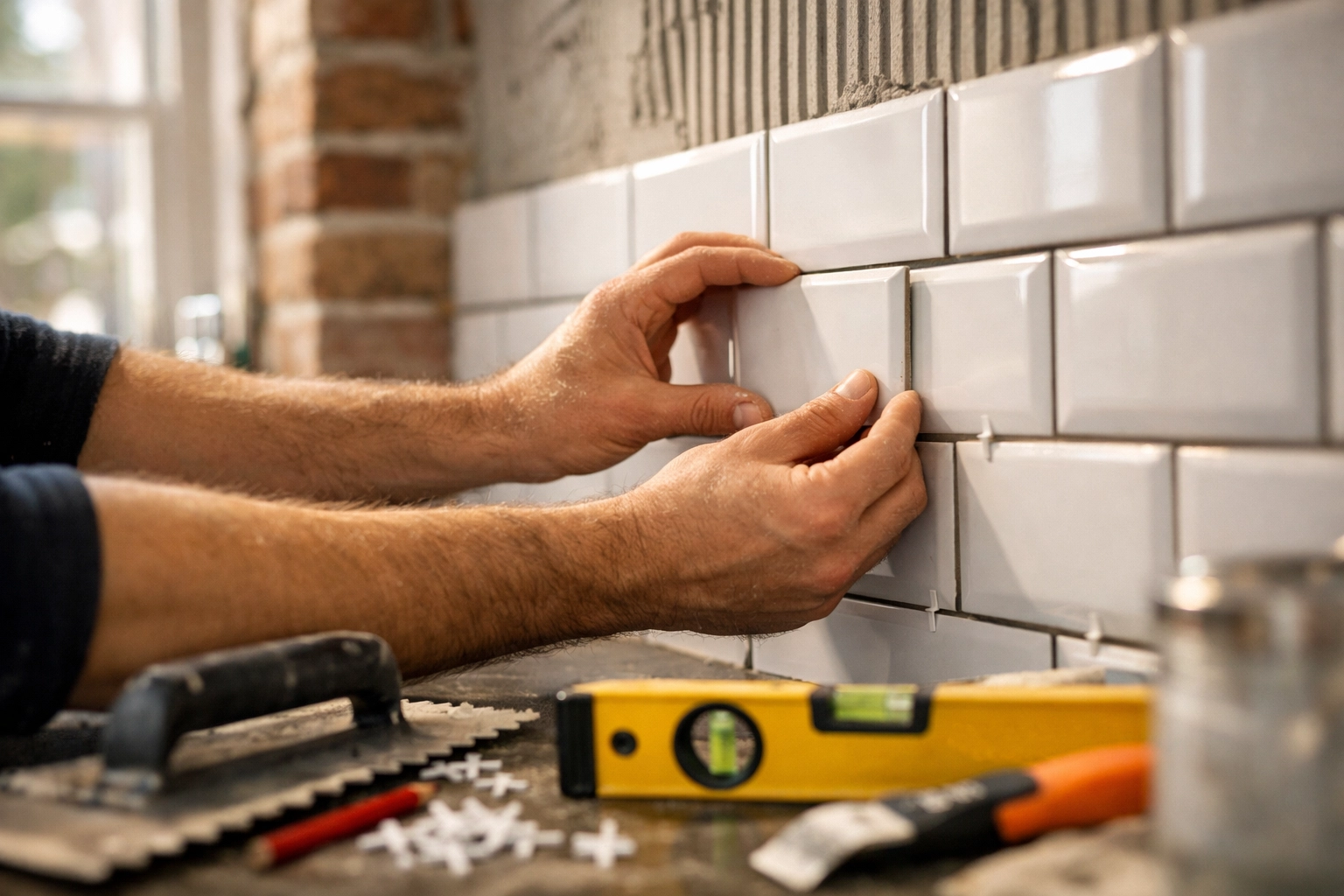 Professional London tiler installing white metro tiles on kitchen wall with precision tools Professional London tiler installing white metro tiles on kitchen wall with precision tools