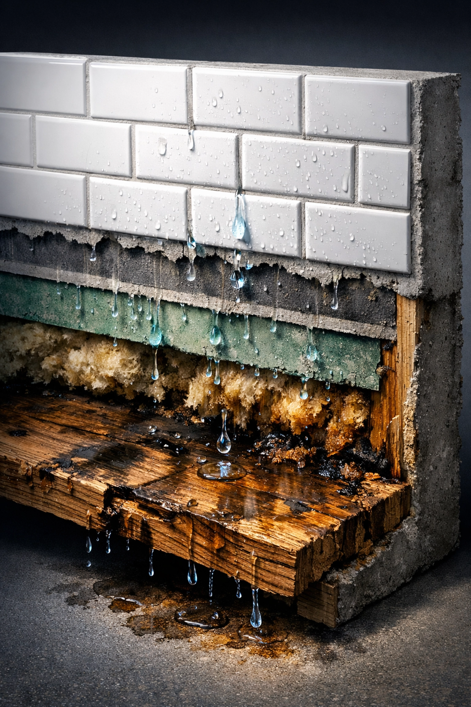 Water seeping through bathroom tiles into damaged wooden subfloor showing moisture infiltration Water seeping through bathroom tiles into damaged wooden subfloor showing moisture infiltration