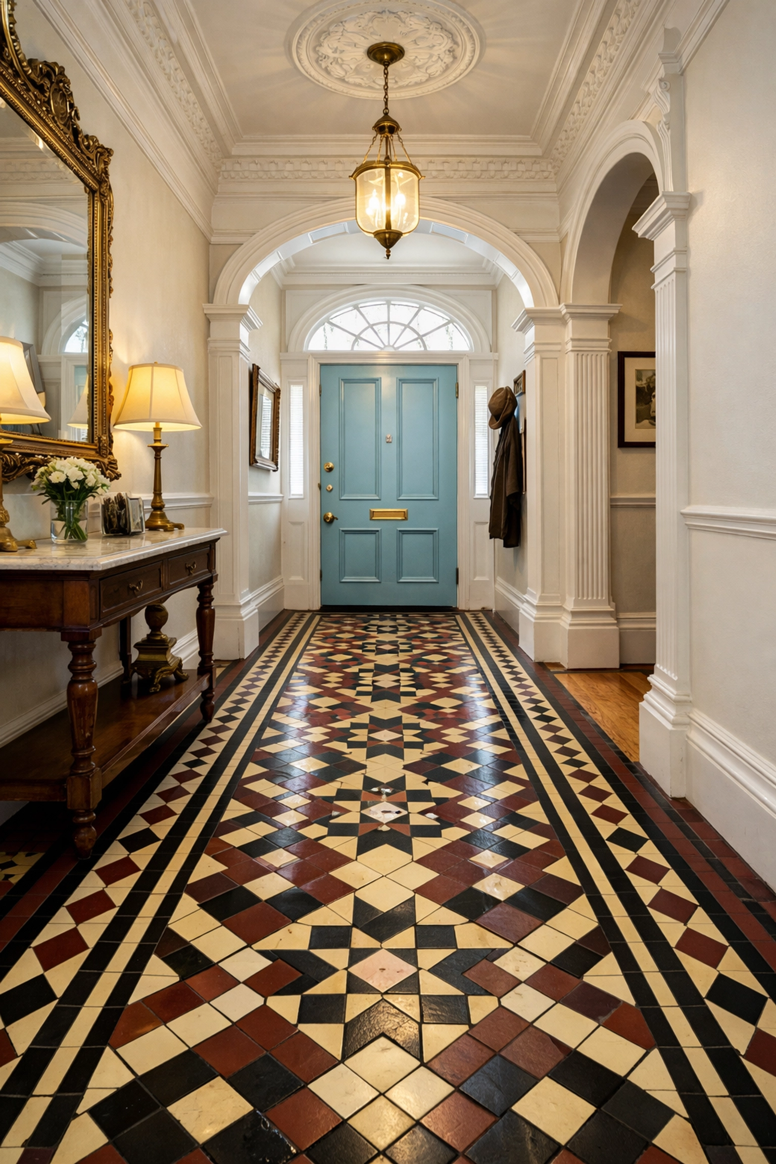 Restored Victorian hallway entrance in Notting Hill W11 with original geometric floor tiles