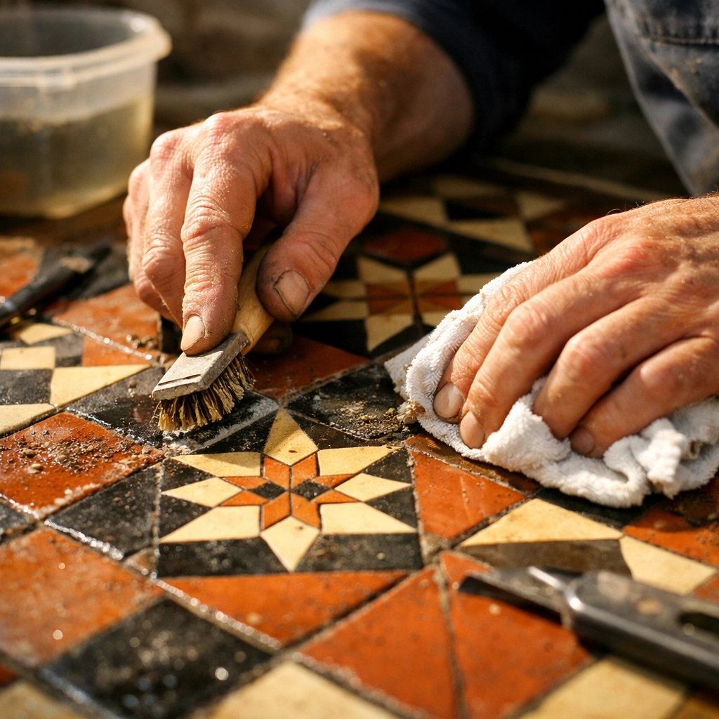 Victorian tile restoration Notting Hill — geometric terracotta floor tiles