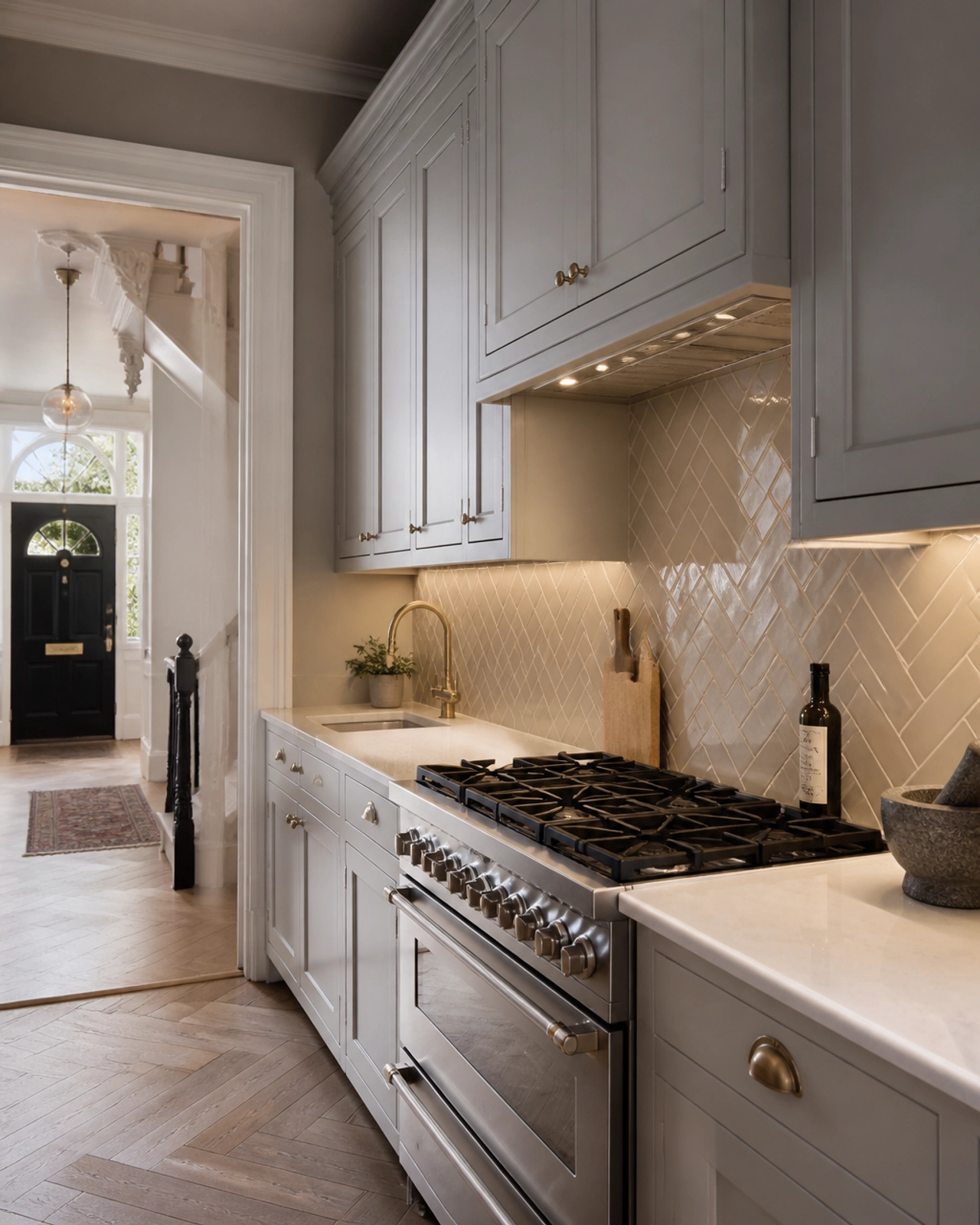 Kitchen with soft taupe metro tiles laid in an elegant herringbone pattern