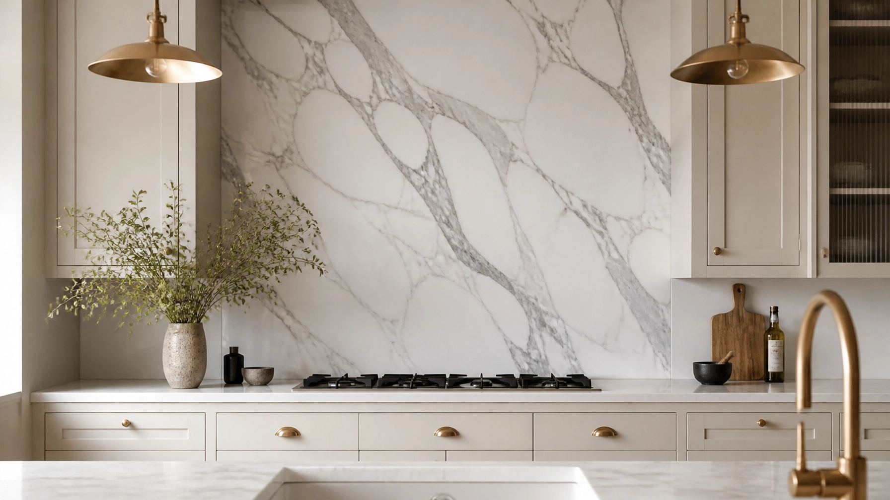 Luxury London kitchen with marble splashback and brass hardware