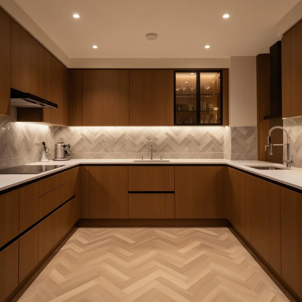 U-shaped kitchen design with grey herringbone tile splashback