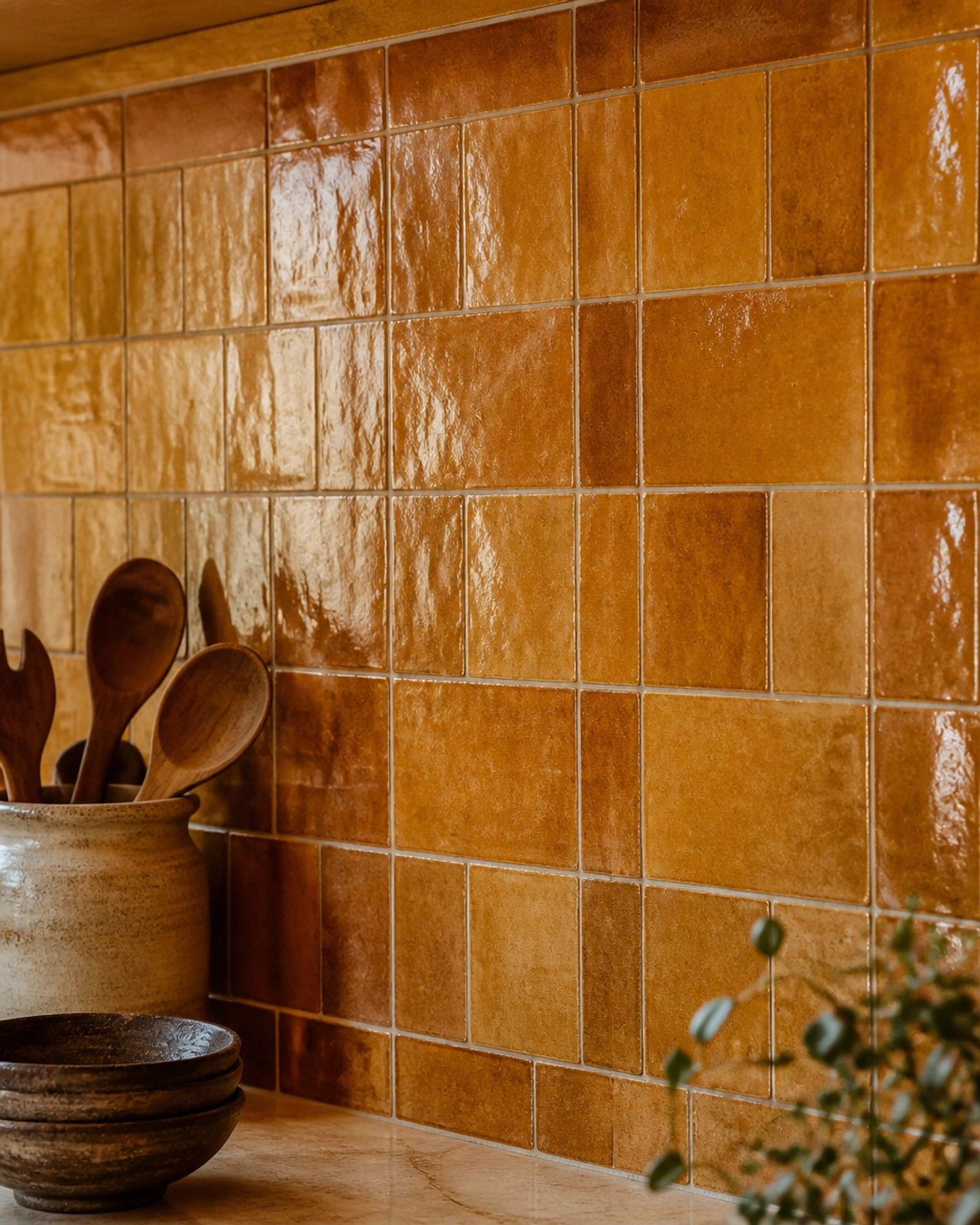 Close-up of artisanal amber zellige tiles on a kitchen splashback