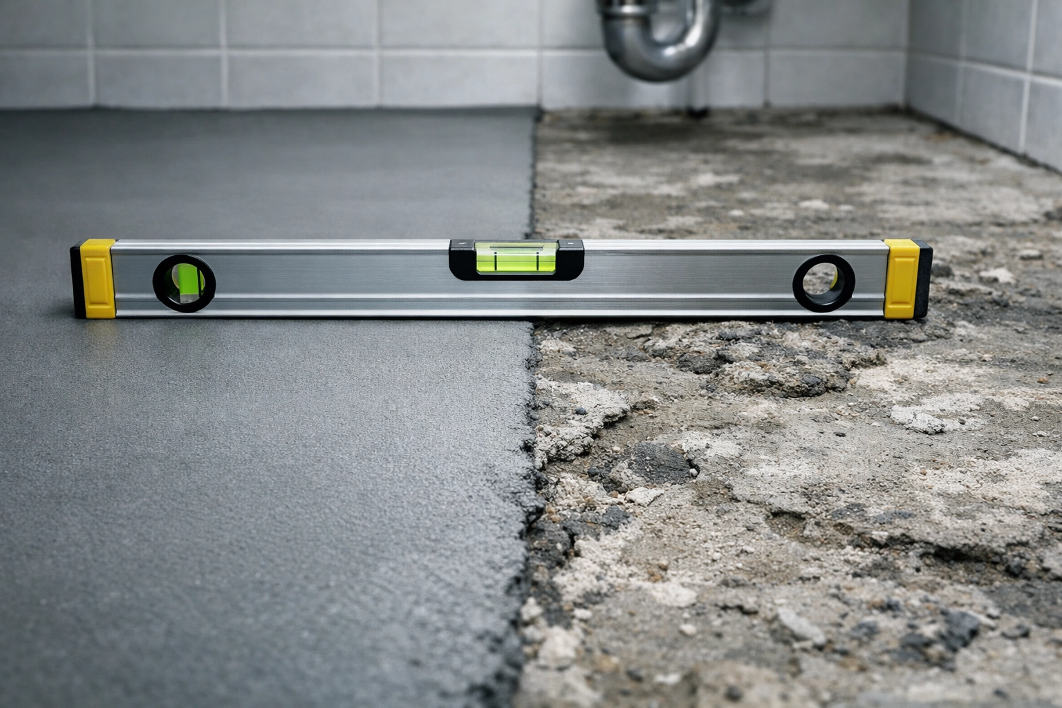 Comparison of level bathroom subfloor versus uneven surface showing proper preparation standards Comparison of level bathroom subfloor versus uneven surface showing proper preparation standards