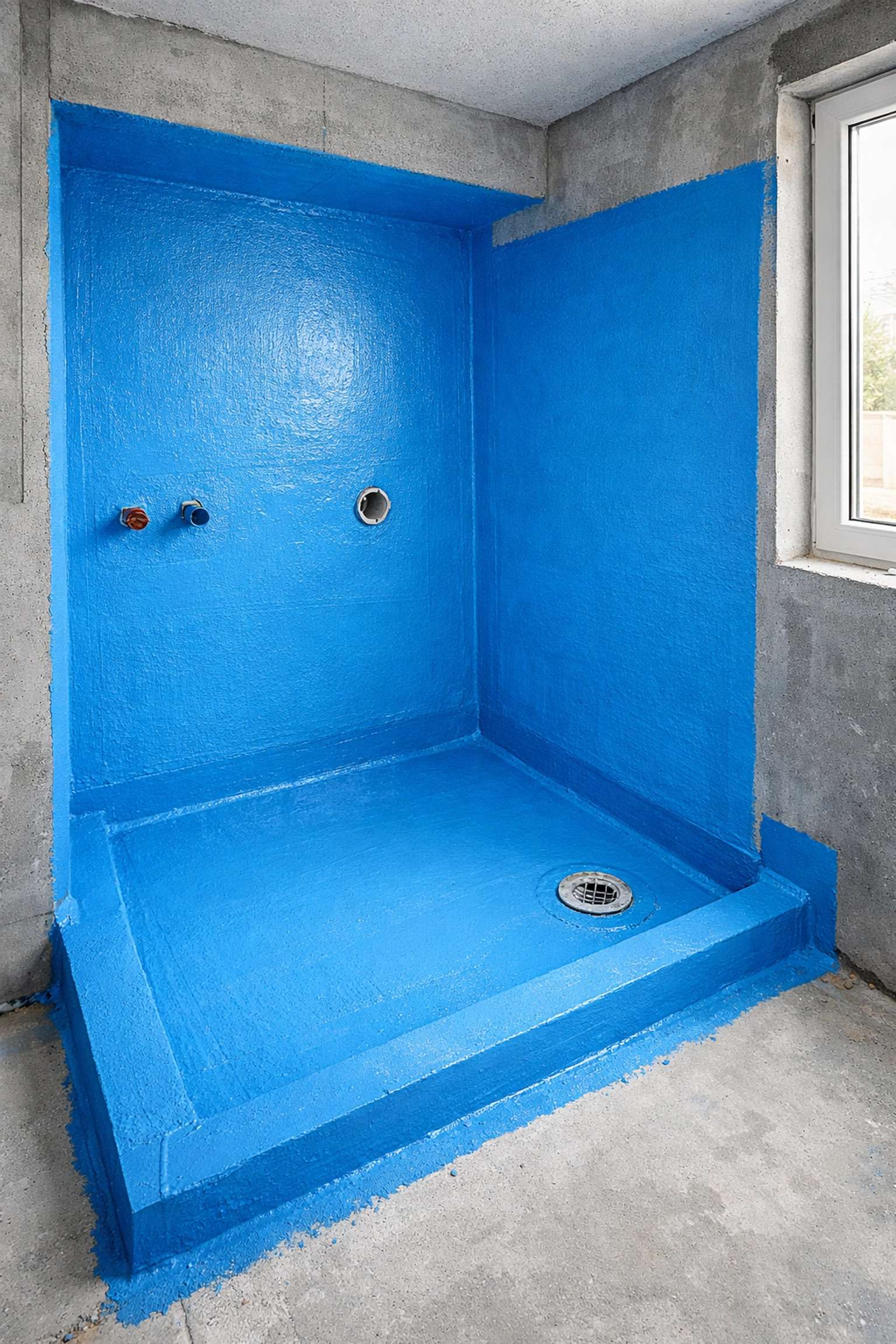 Blue waterproofing membrane applied to London bathroom shower walls and floor during installation Blue waterproofing membrane applied to London bathroom shower walls and floor during installation