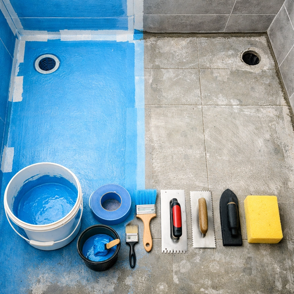 Tanking membrane application on bathroom floor showing professional waterproofing installation process Tanking membrane application on bathroom floor showing professional waterproofing installation process