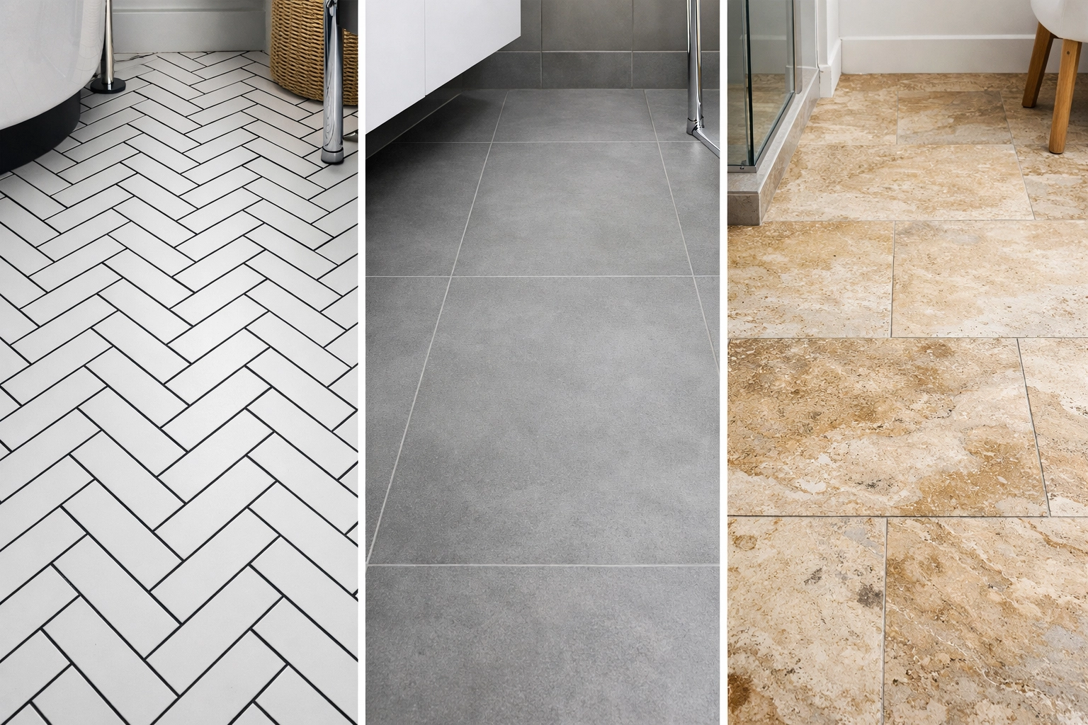 Comparison of three bathroom floor tile options: metro herringbone, porcelain, and natural stone Comparison of three bathroom floor tile options: metro herringbone, porcelain, and natural stone