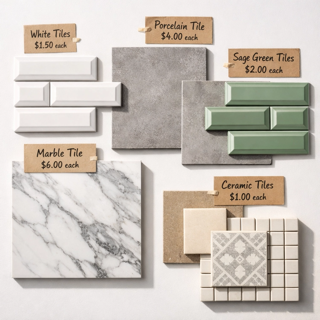 Tile samples comparison showing metro tiles, porcelain, marble and ceramic with price tags Tile samples comparison showing metro tiles, porcelain, marble and ceramic with price tags
