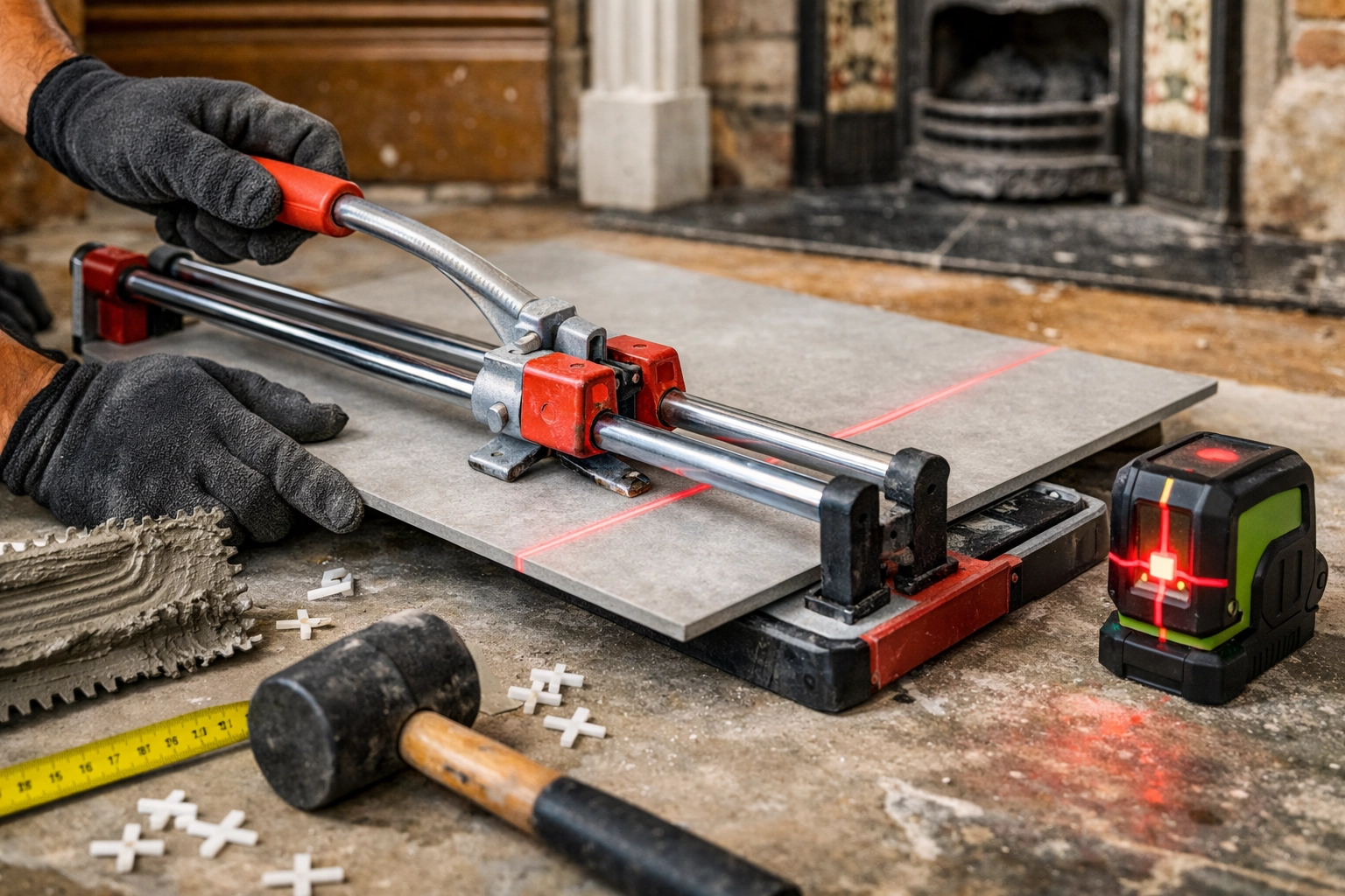 Professional tiling tools including tile cutter and level used by London tiler on job site Professional tiling tools including tile cutter and level used by London tiler on job site