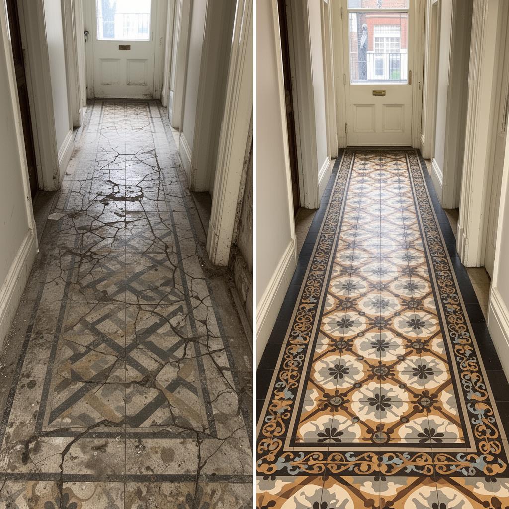 Before and after Victorian hallway tile restoration in London period property Before and after Victorian hallway tile restoration in London period property