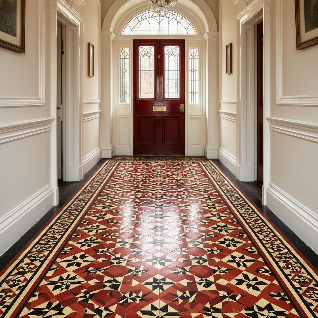 Beautifully restored Victorian geometric encaustic tile hallway in London period property Beautifully restored Victorian geometric encaustic tile hallway in London period property