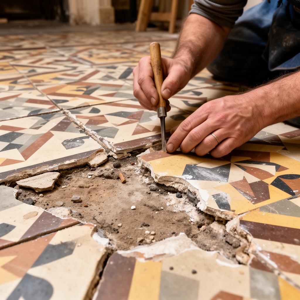 Close-up of damaged Victorian geometric floor tiles being carefully restored by hand in London Close-up of damaged Victorian geometric floor tiles being carefully restored by hand in London