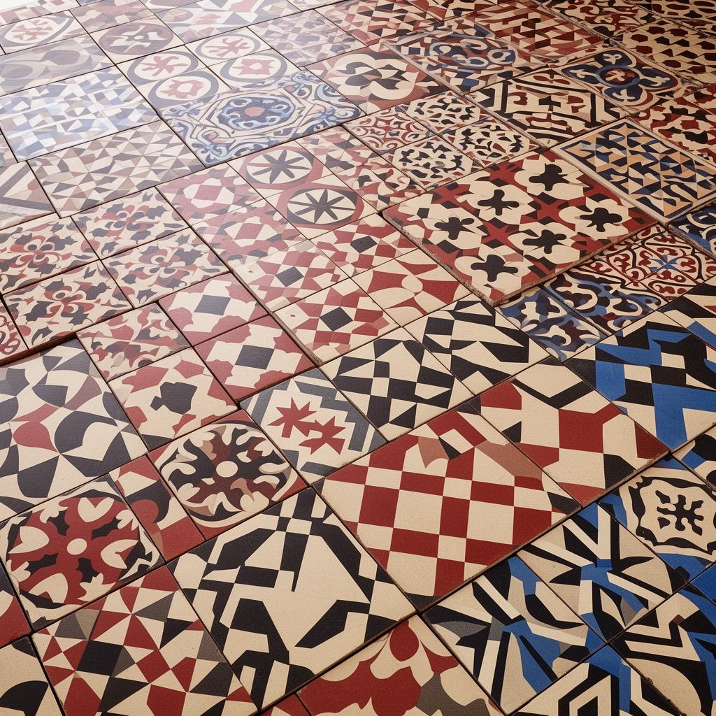 Selection of replacement Victorian encaustic geometric tiles in various heritage patterns Selection of replacement Victorian encaustic geometric tiles in various heritage patterns