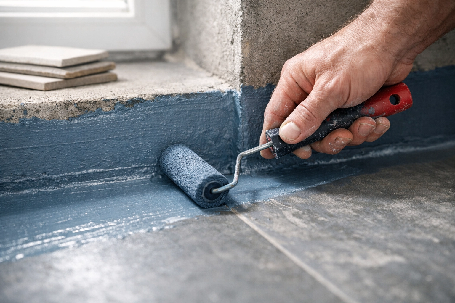 Professional tiler applying waterproofing membrane to London bathroom floor corner junction Professional tiler applying waterproofing membrane to London bathroom floor corner junction